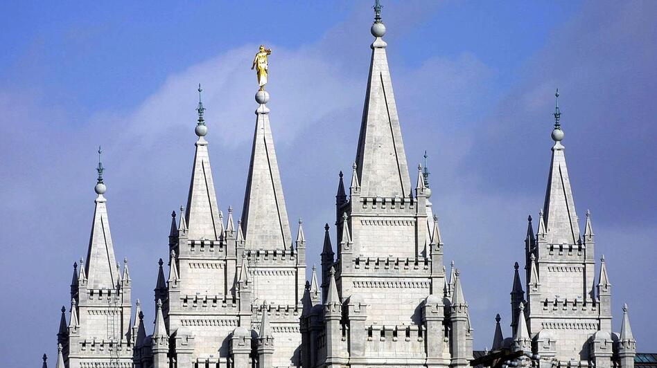 Spires from the Mormon temple in downtown Salt Lake City reach to the sky. (George Frey/AFP/Getty Images)