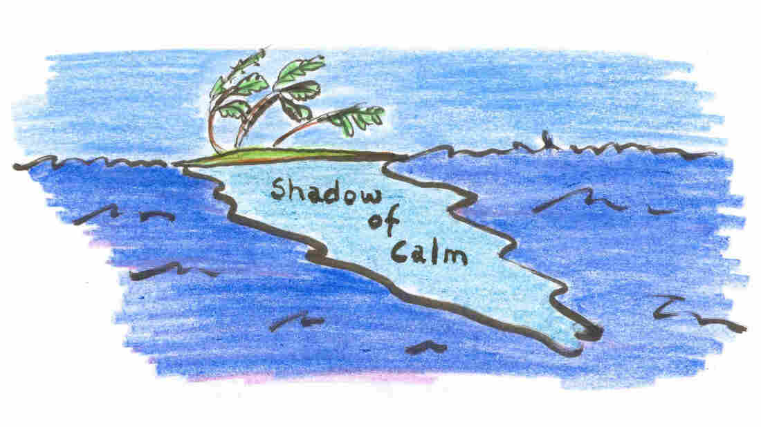 An island deflects the current's path, creating a zone of calm in its wake.