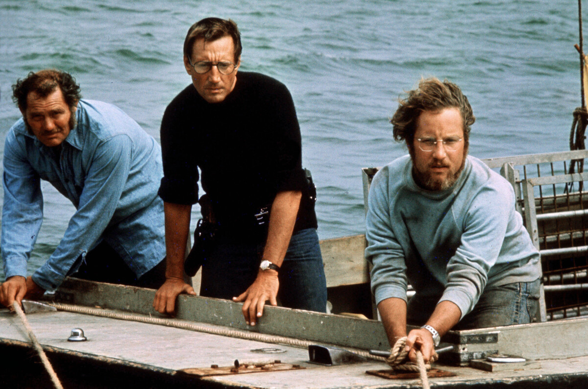 Robert Shaw (from left), Roy Scheider and Richard Dreyfuss play a shark hunter, a police chief and a marine biologist in 1975's Jaws.