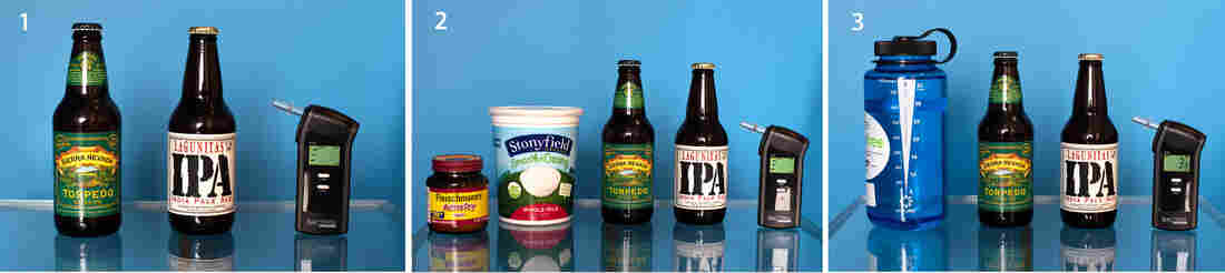 1. Sierra Nevada, Lagunitas, Breathalyzer 2. Yeast, Yogurt, Sierra Nevada, Lagunitas, Breathalyzer 3. Nalgene with water, Sierra Nevada, Lagunitas, Breathalyzer.