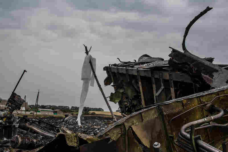 The passenger jet had nearly 300 people aboard; none survived. A white ribbon tied to a stick indicates the presence of human remains at this region of the crash site, in Grabovka, Ukraine.