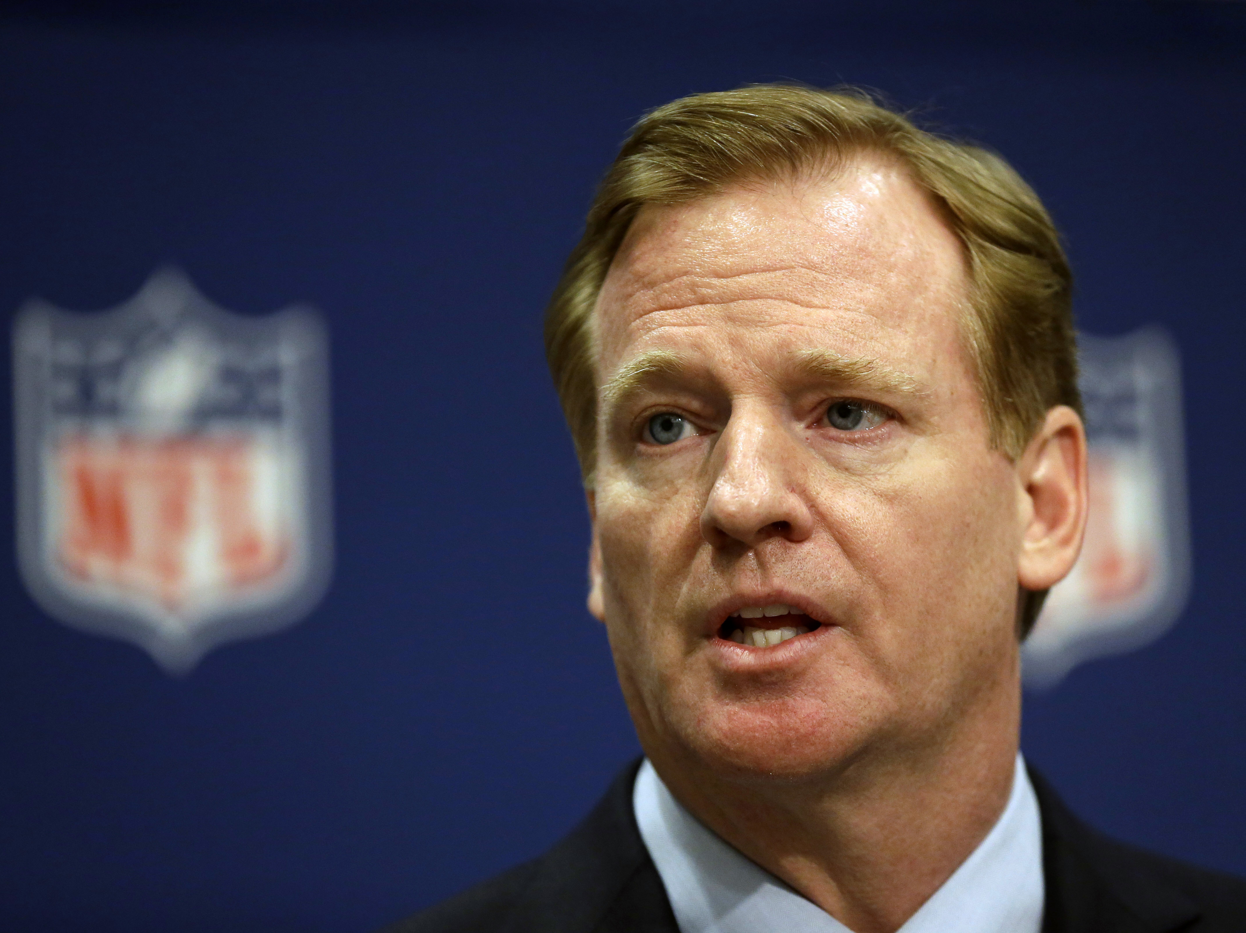 NFL Commissioner Roger Goodell at a press conference in May. Goodell's handling of concerns about concussions and controversies surrounding players has led commentator Frank Deford to wonder whether Goodell is up to the job.