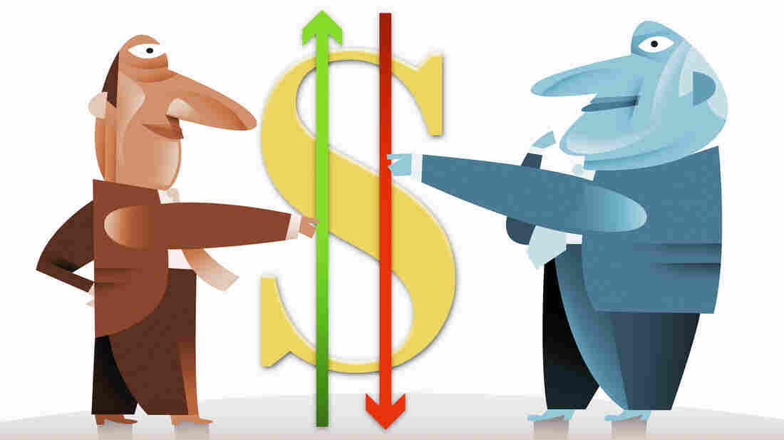 Businessmen holding arrows next to dollar symbol.