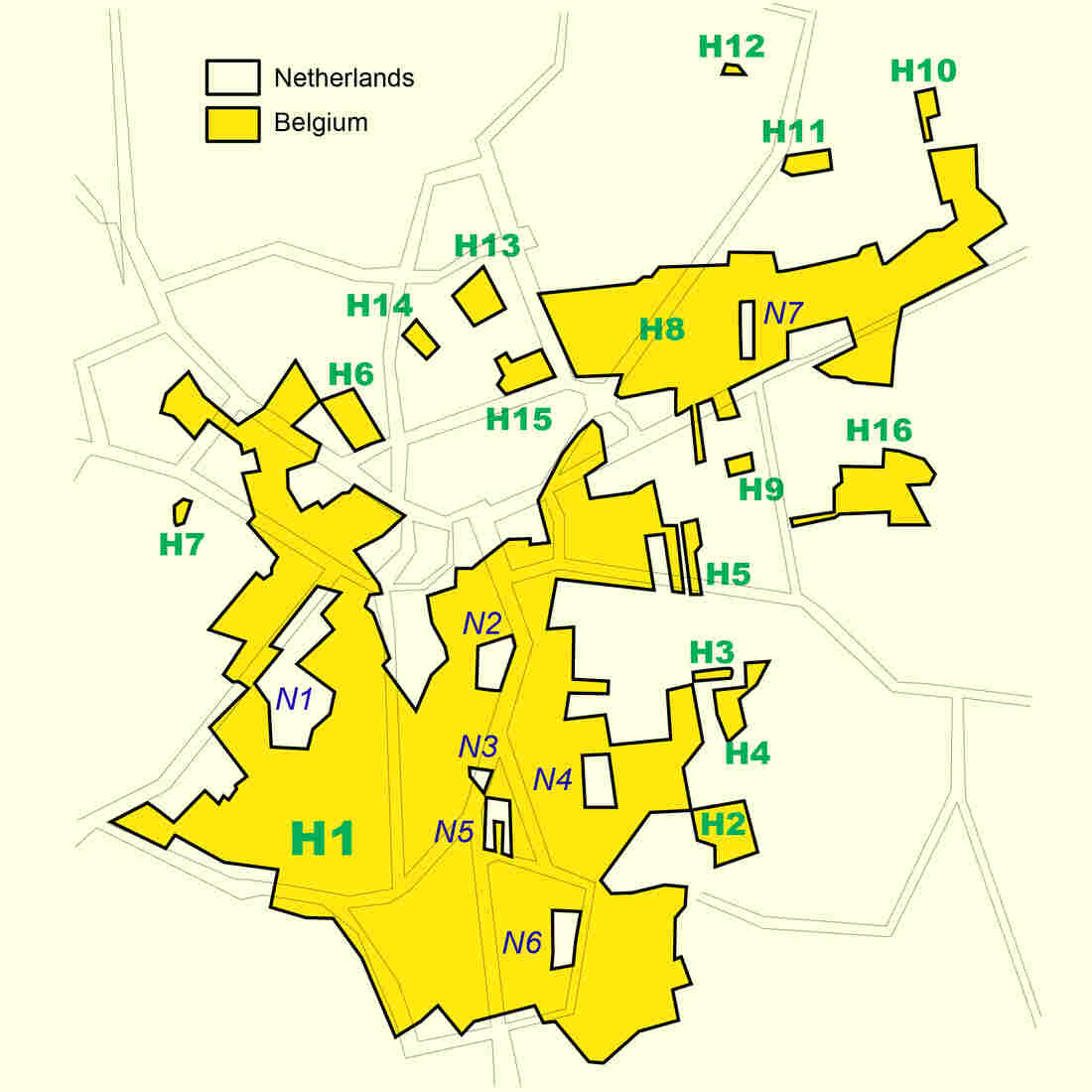 The border between Belgium and the Netherlands at Baarle-Nassau.