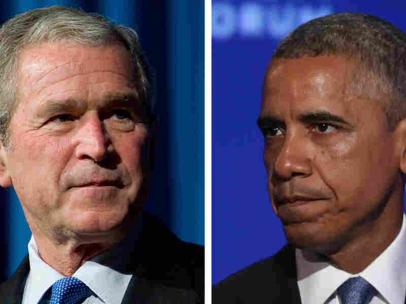 President Bush at the graduation ceremony for FBI special agents in 2008; President Obama at the U.S.-Africa Leaders Summit on Aug. 5.