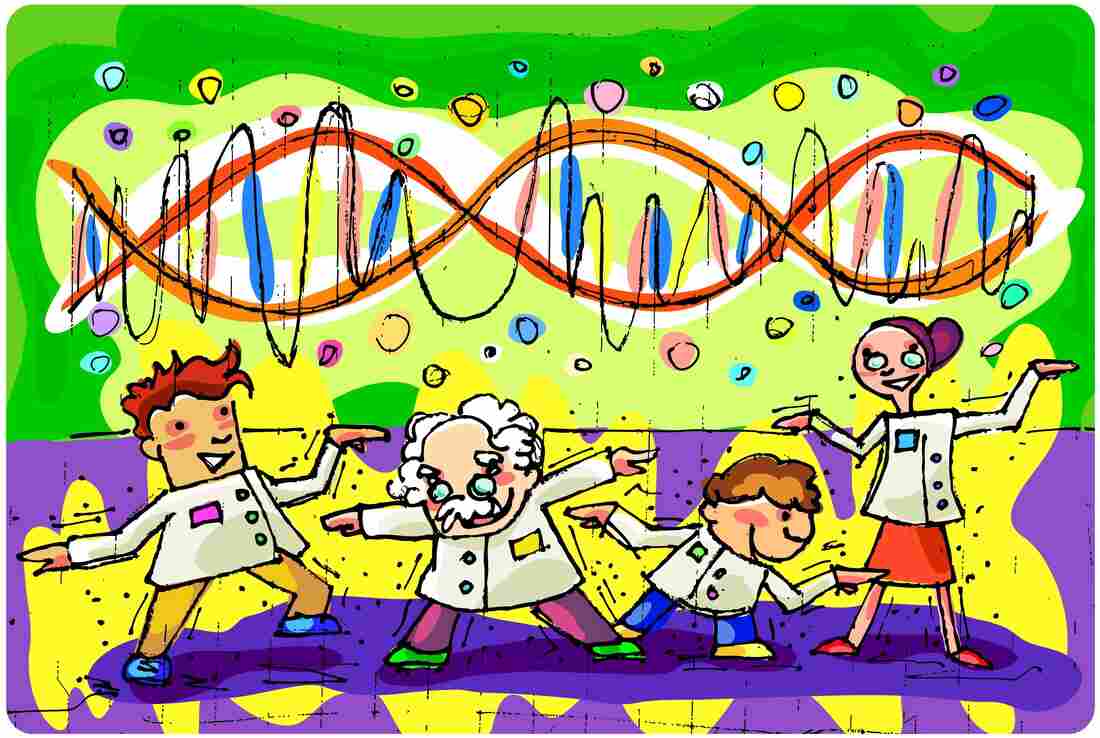 Cartoon scientists dancing.