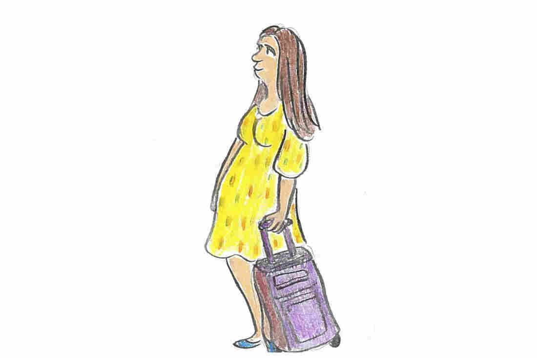 A pregnant American woman boards a plane.