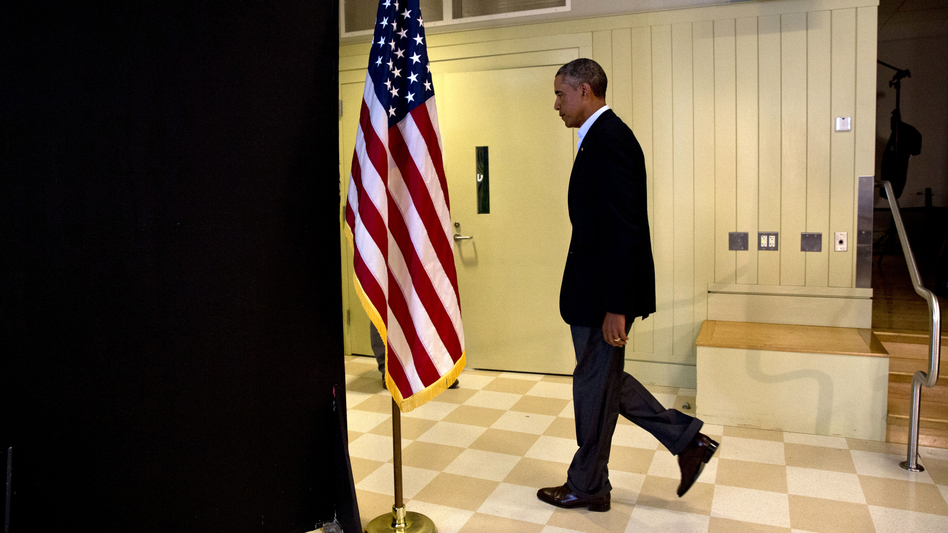 President Obama leaves after making a statement Wednesday about the killing of journalist James Foley in Syria. The president said the U.S. would continue to confront Islamic State extremists despite the brutal murder. (Jacquelyn Martin/AP)
