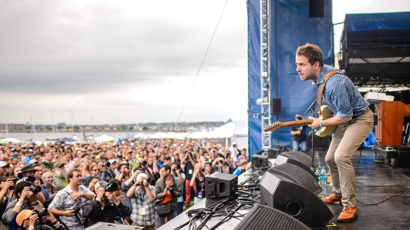 You're looking at Taylor Goldsmith of Dawes. But about 50 feet in front of him is a dude who <em>will not shut up</em>. (Adam Kissick for NPR)