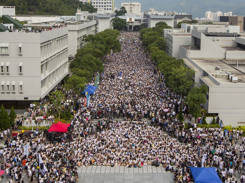 Students and teachers attend a rally during the class boycott at the Chinese University of Hong Kong on Monday. Thousands of students have braved sweltering heat to demand greater democracy for the territory. (Tyrone Siu/Reuters/Landov)