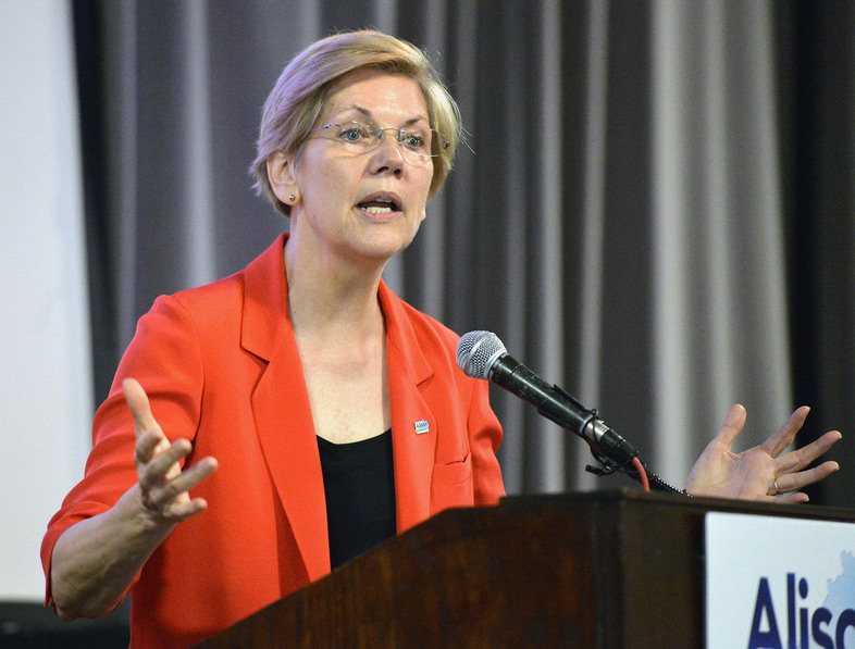 Sen. Elizabeth Warren, of Massachusetts, speaks to a group of supporters at a rally in support of Kentucky Democratic candidate Alison Lundergan Grimes in June. (Timothy D. Easley/AP)