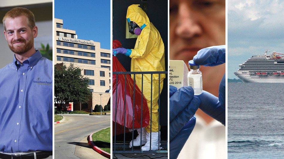 Scenes from an outbreak: Ebola survivor Dr. Kent Brantly; Texas Health Presbyterian Hospital in Dallas; A worker cleans the apartment where Ebola victim Thomas Eric Duncan stayed in Dallas; experimental vaccine; the Carnival Magic cruise ship off Cozumel, Mexico. (Jessica McGowan/Getty; Mike Stone/Getty Images; Jim Young/Reuters/Landov; Steve Parsons/AP; Angel Castellanos/AP )
