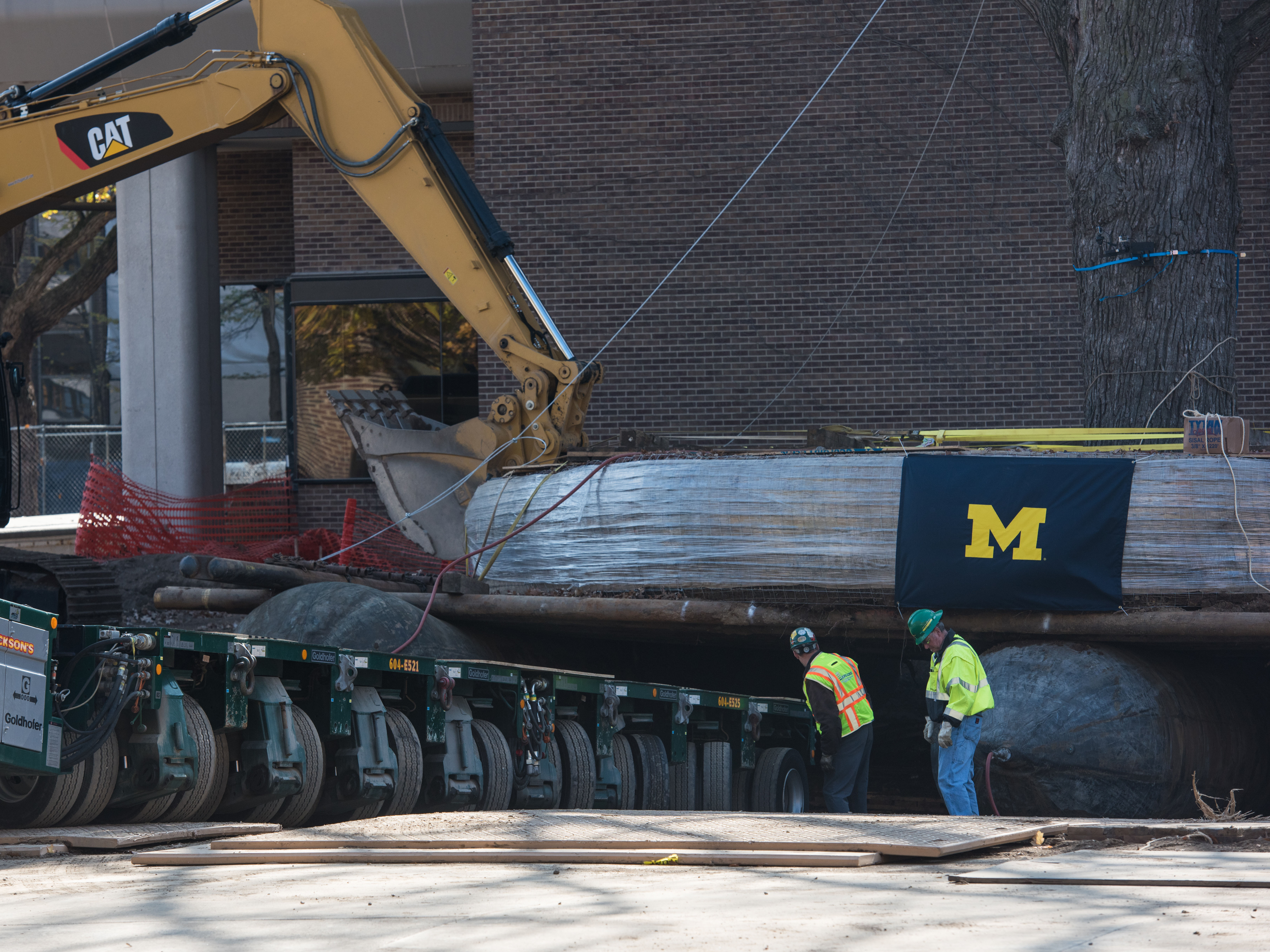 Lifted On Giant Inner Tubes, An Old Tree Moves In Michigan 1 The massive rubber tubes — one can be seen behind the worker at right — hold the tree up as the transporter slips underneath.