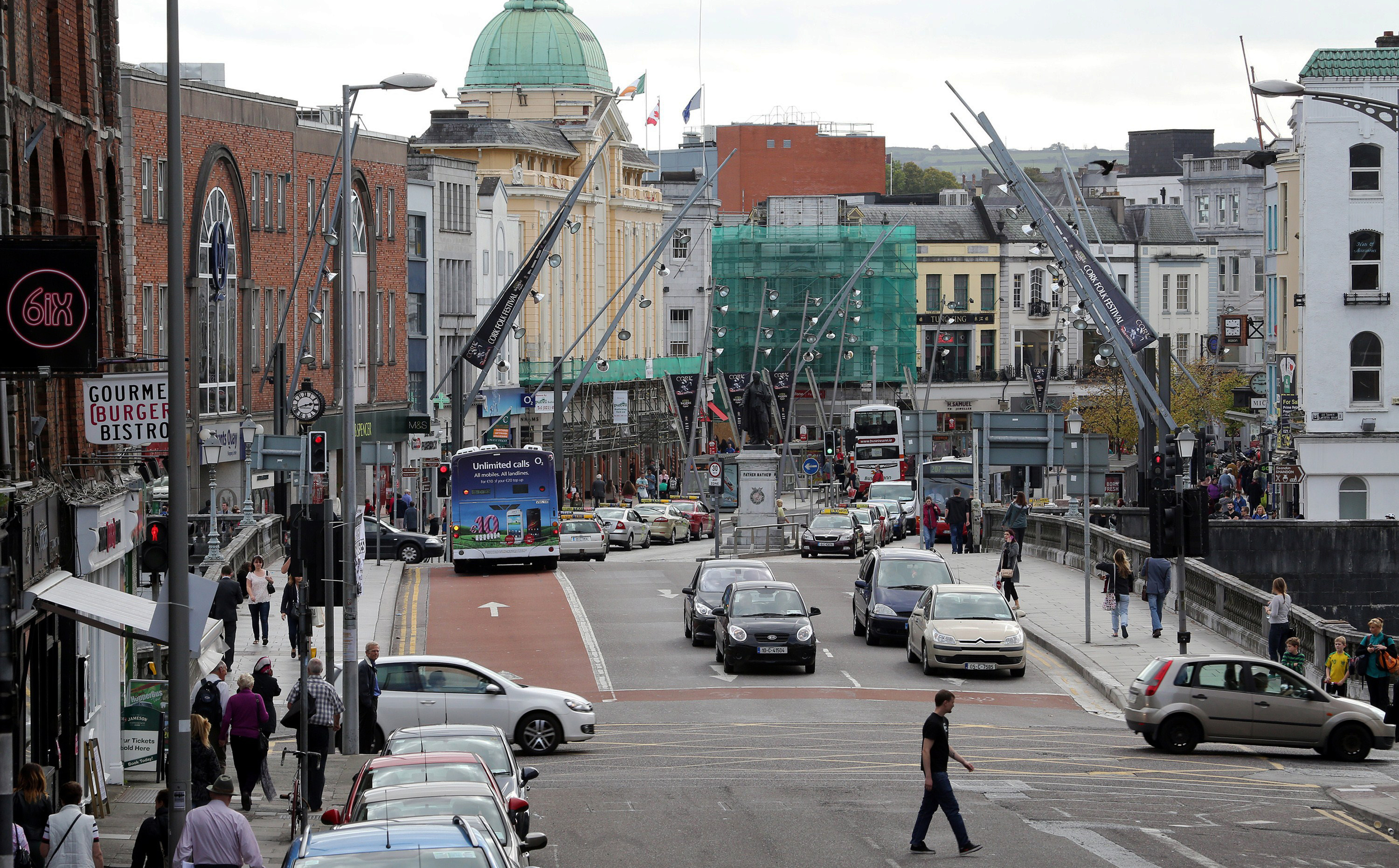 Traffic on the streets of Cork city center in southern Ireland.