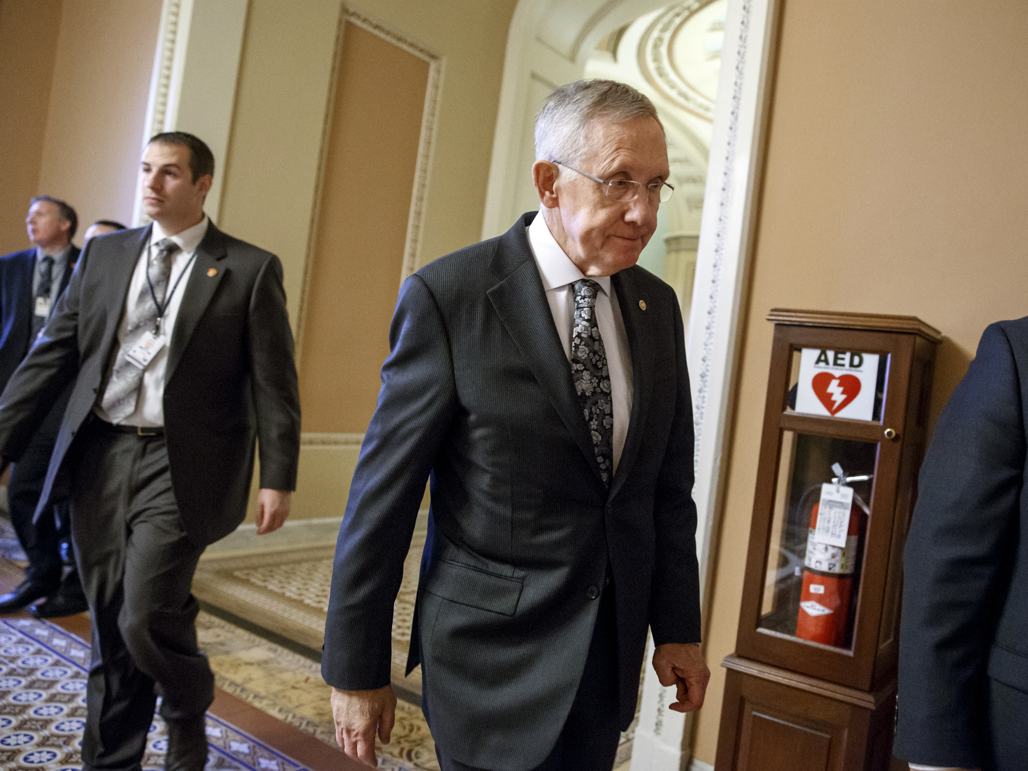 Senator Harry Reid of Nev. on Tuesday, walks to one of his final meetings as the Senate Majority Leader. In January, Republicans take over the majority.