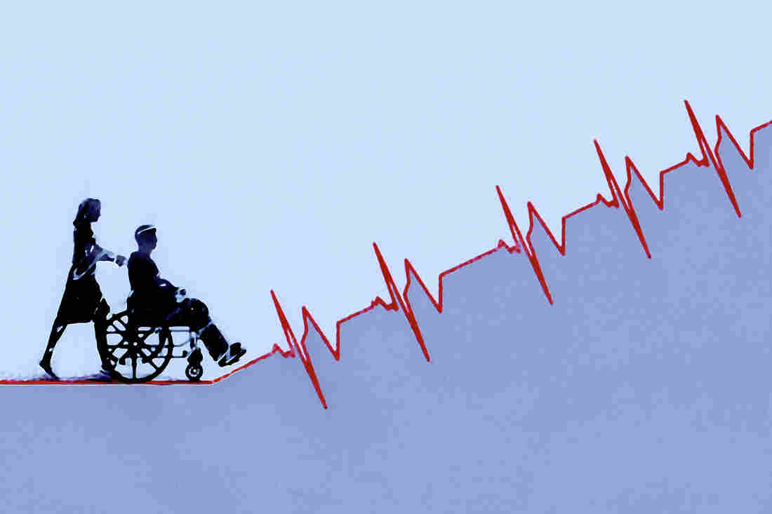 Woman pushing man in wheelchair up ascending pulse trace graph.
