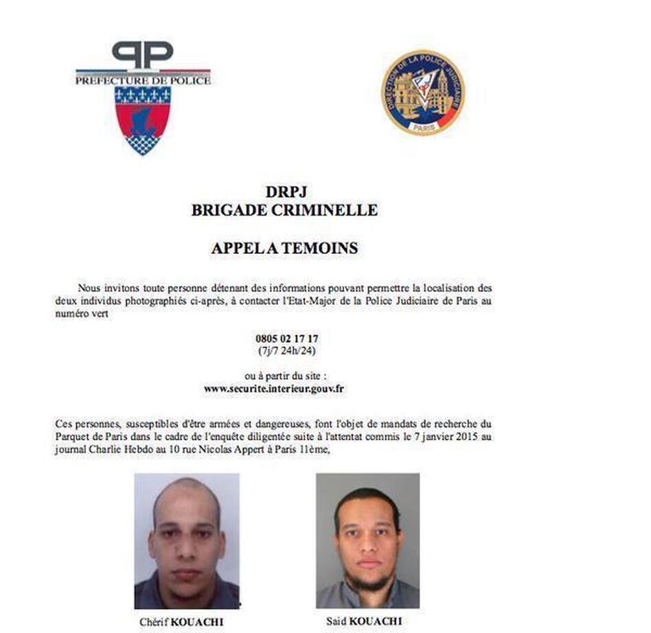 A police bulletin sought the public's help in finding two suspects in the deadly attack on a satirical magazine's Paris offices Wednesday. Pictured are brothers Chérif (left) and Said Kouachi. (La prefecture de Police)