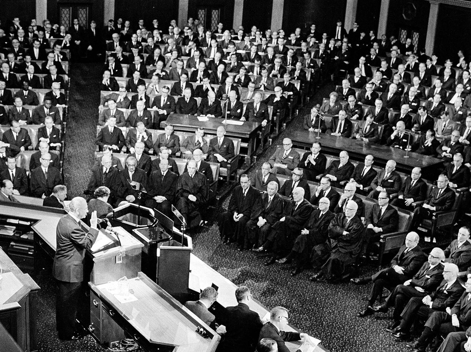 During his 1965 State of the Union address, President Lyndon Johnson said, "This, then, is the state of the union: free and restless, growing and full of hope." (AP)