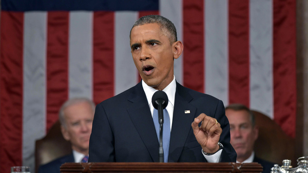 President Obama delivers his State of the Union address to a joint session of Congress on Jan. 20. Vice President Joe Biden and House Speaker John Boehner of Ohio listen in the background.