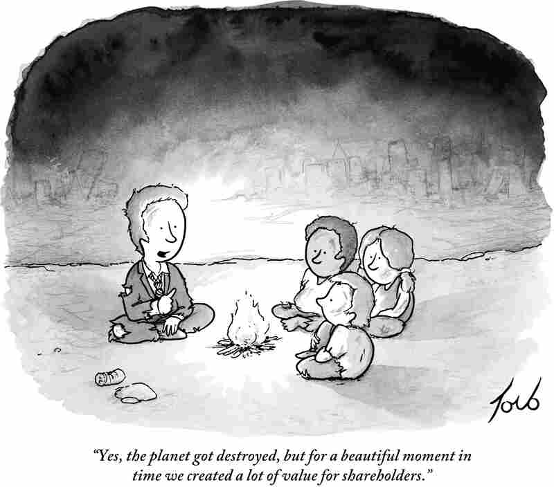 A man and three children sit around a fire.