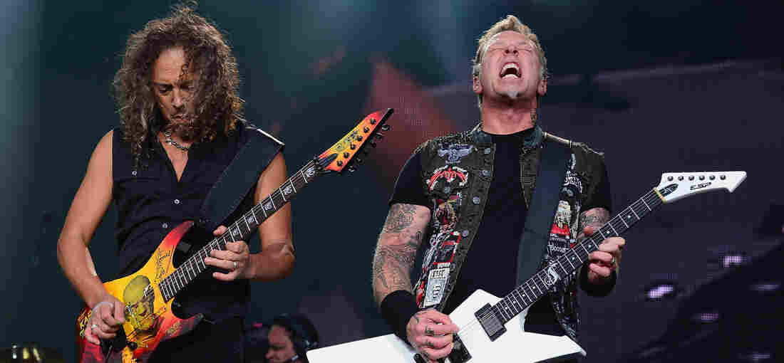 Kirk Hammett (left) and James Hetfield of Metallica perform during the 2013 Orion Music + More Festival at Belle Isle Park on June 9, 2013 in Detroit, Michigan.