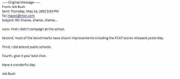 A May 16, 2002 email from Jeb Bush.