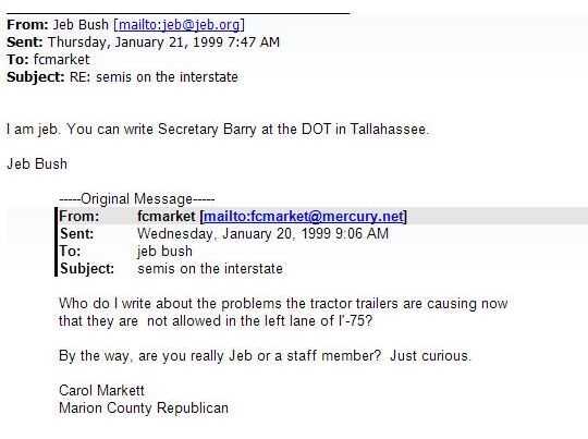 A January 20, 1999 email from Jeb Bush.