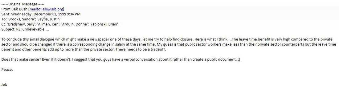 An email from Jeb Bush dates December 1, 1999.