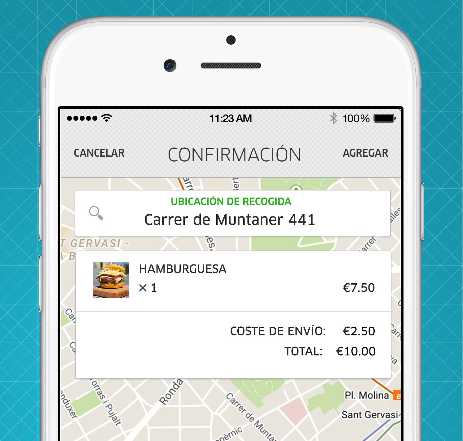 A screen image from UberEATS. In Spain, Uber is trying to reinvent itself as a food delivery service. (courtesy Uber)