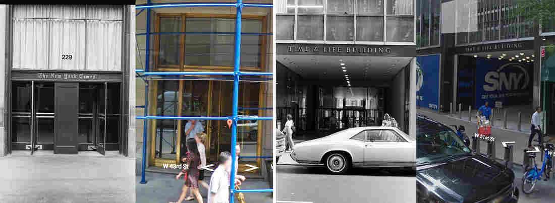 The New York Times building and the Time & Life buildings (black-and-white) versus the Google Street View of what stands there today.