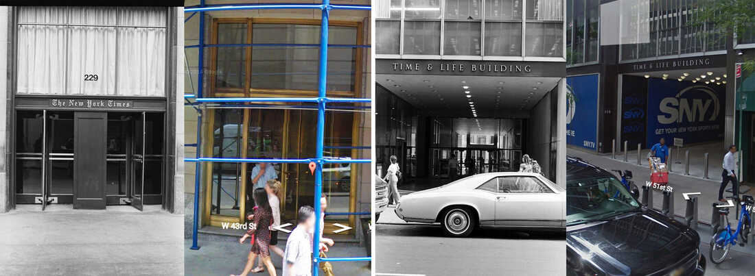 The New York Times building and the Time & Life buildings (black-and-white) versus the Google Street View of what stands there today.