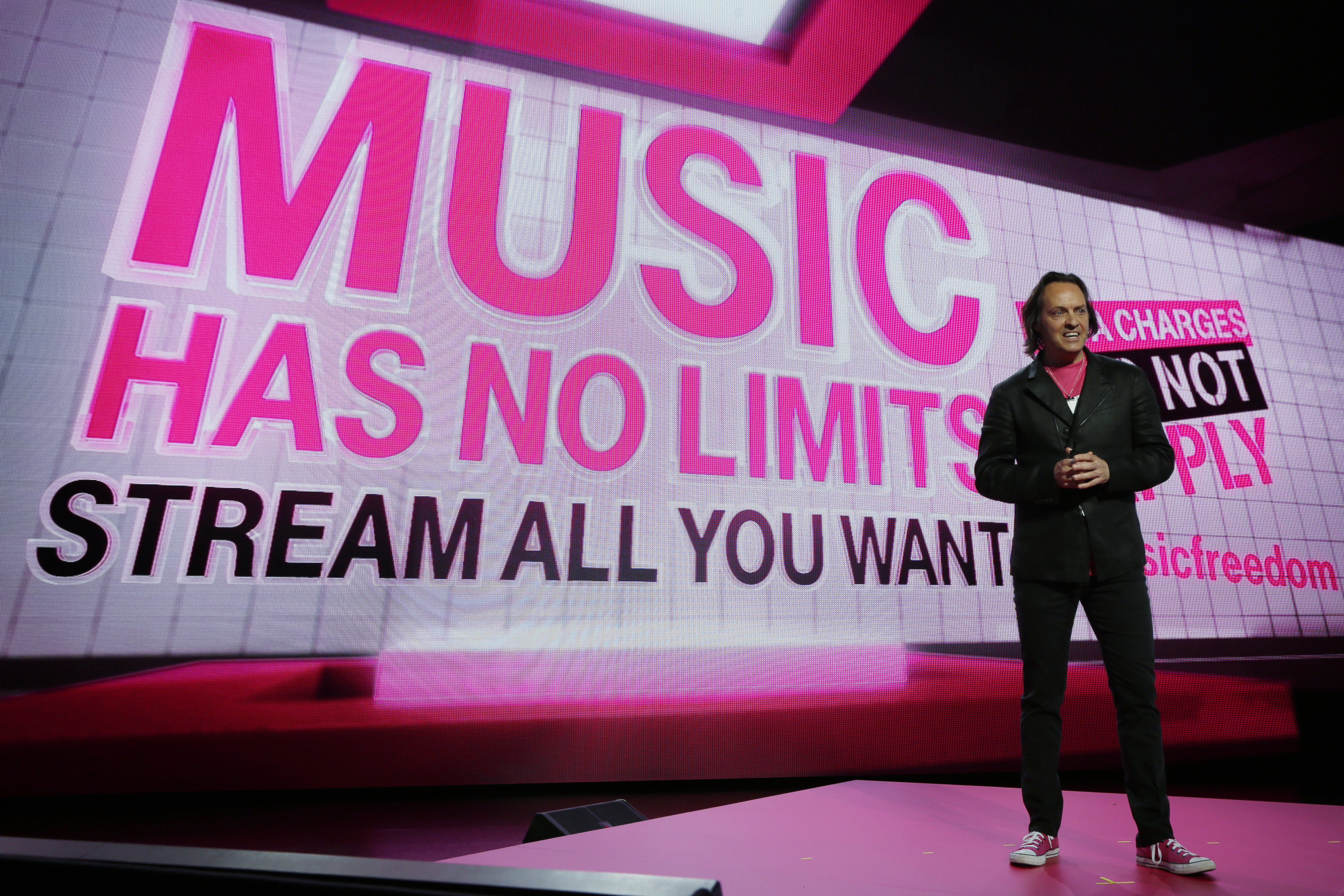 T-Mobile CEO John Legere pitches a plan that allows unlimited music streaming without additional data charges. Some net neutrality proponents want the FCC to limit plans like these; the commission says it will review them on a case-by-case basis.