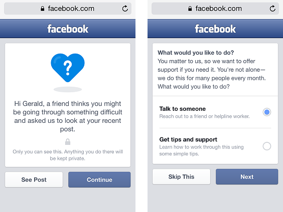After a post has been flagged for review, Facebook intervenes with a supportive message. (Facebook)