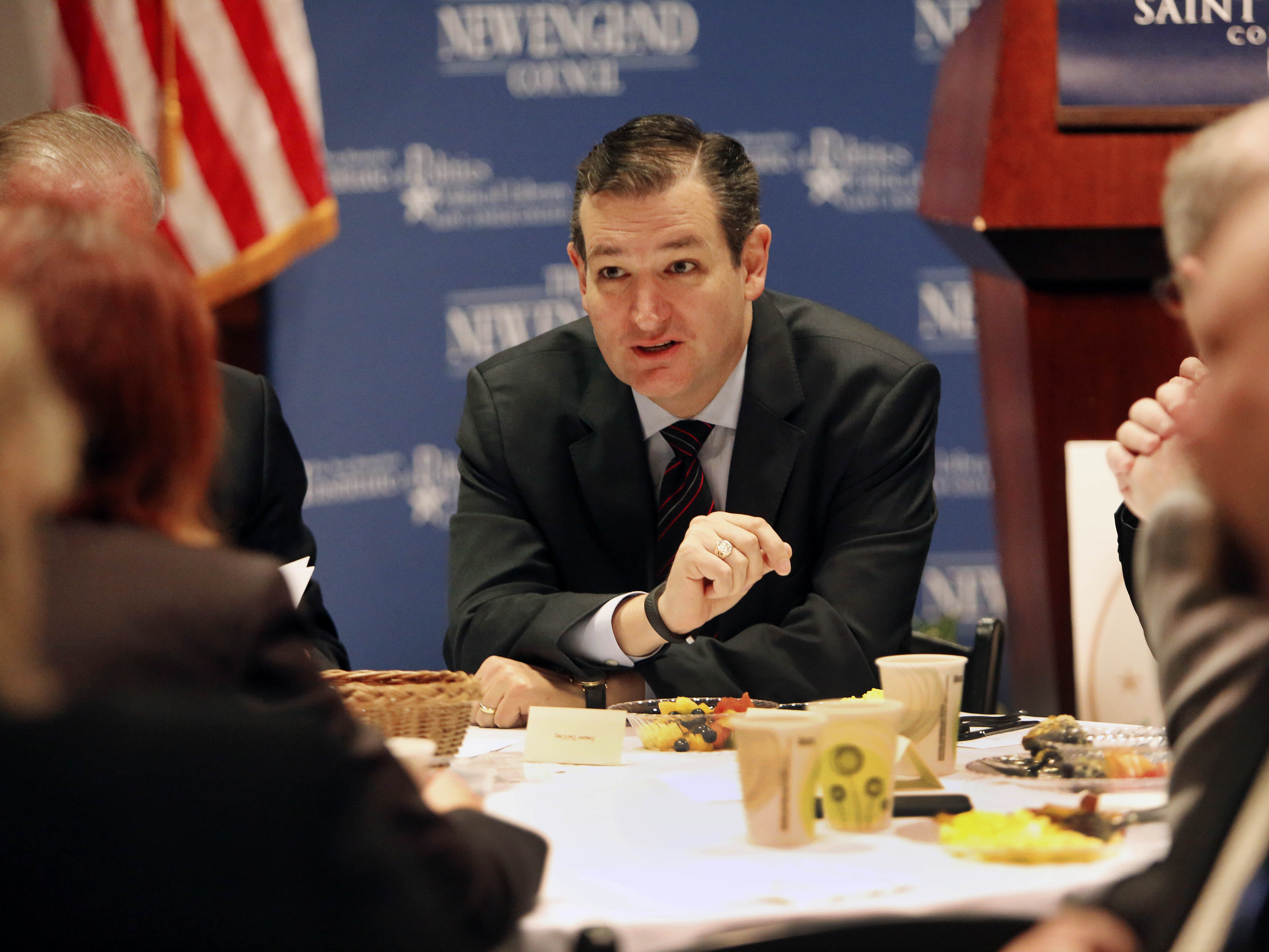 Texas Sen. Ted Cruz speaks with area business leaders during a Politics and Eggs breakfast, on March 16 in Manchester, N.H.