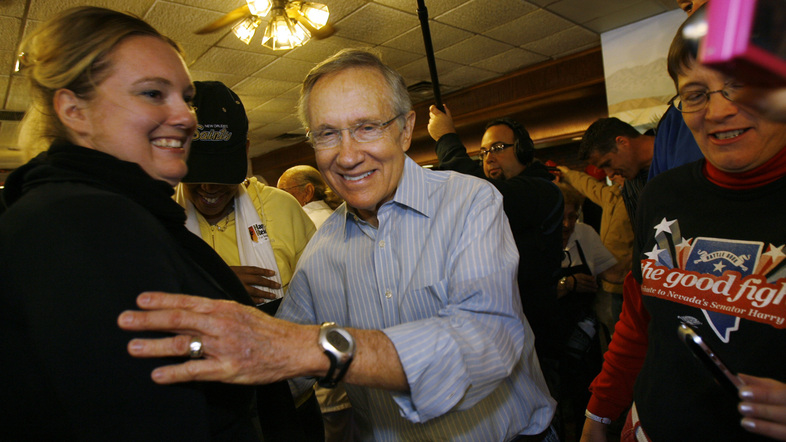 Senate Minority Leader Harry Reid greets supporters in his hometown of Searchlight, Nev., during a campaign stop in 2010. (Laura Rauch/AP)