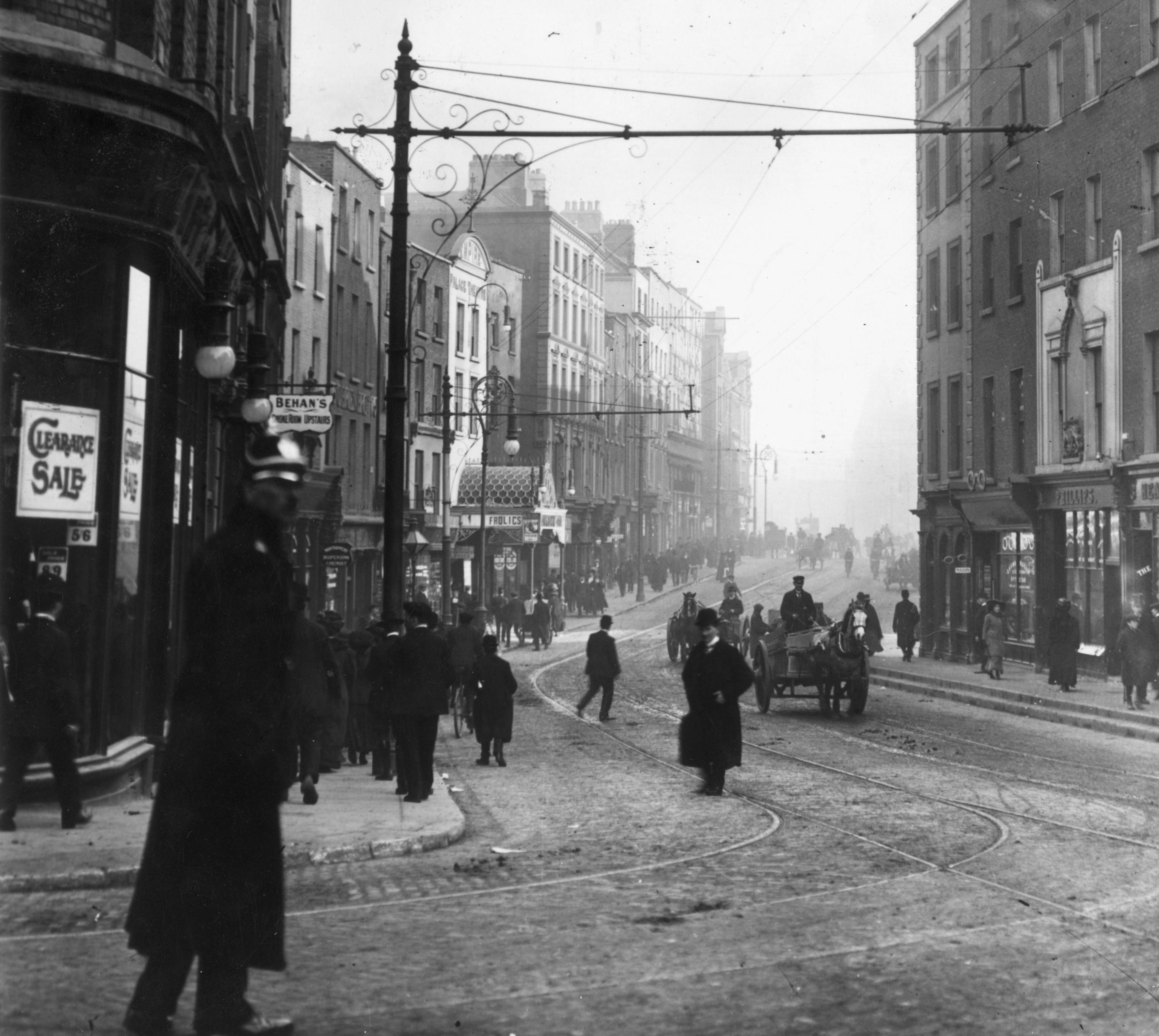 A sinkhole that opened on Dame Street in Dublin, Ireland, this week is suspected of being caused by an old tunnel lawmakers used to visit brothels. The street is seen here in 1911. (Getty Images)