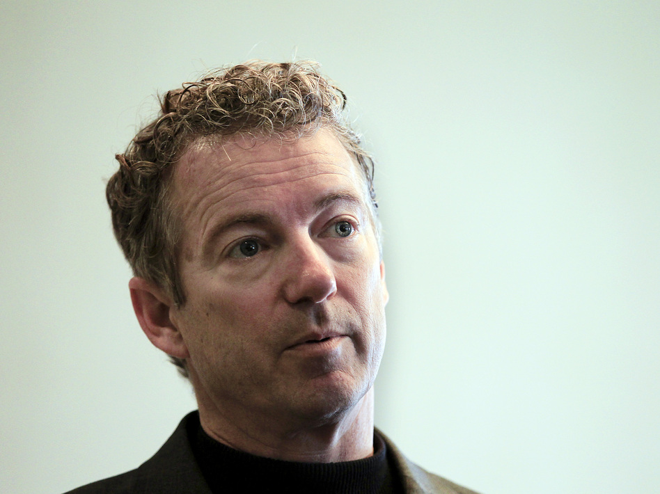 Sen. Rand Paul, R-Ky., listens to a question at the Epoch Restaurant in Exeter, N.H., on March 21. Paul announced his presidential run today in Louisville, Ky. (Cheryl Senter/AP)