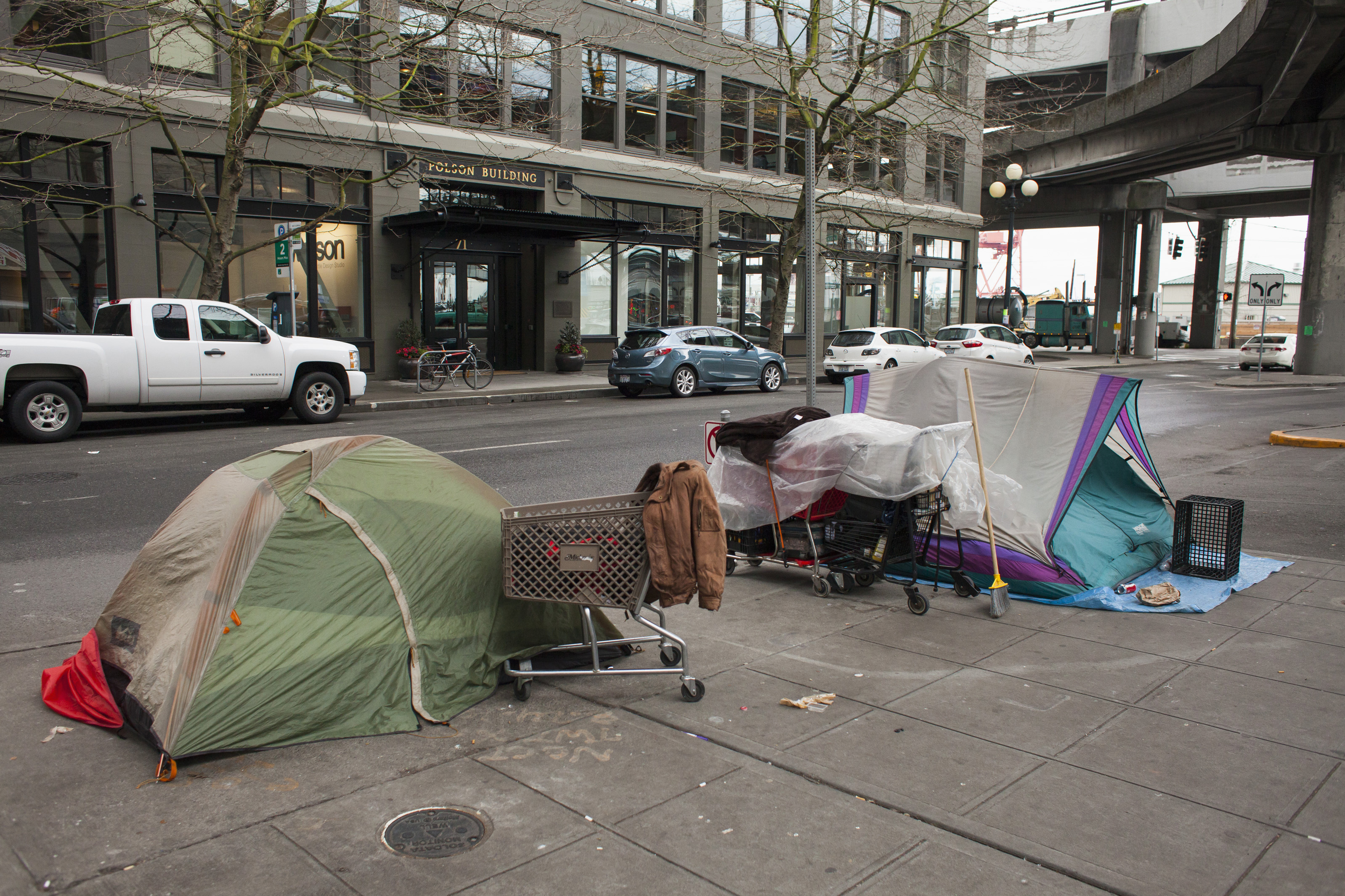 Tents are pitched illegally on a sidewalk in Seattle in January. The number of people sleeping outside in the city shot up by 20 percent in just the past year. (Reuters/Landov)