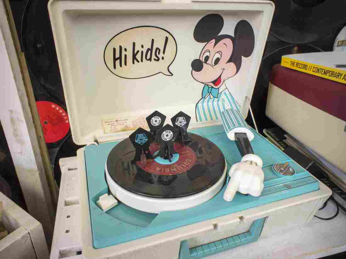 A Mickey Mouse themed child's 45rpm record player at The Crate record store in Bushwick in New York on Record Store Day.
