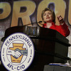 Hillary Clinton addresses the Pennsylvania AFL-CIO three weeks before the Democratic primary contest against Barack Obama. Seated at right is Pennsylvania AFSCME President Gerald W. McEntee.