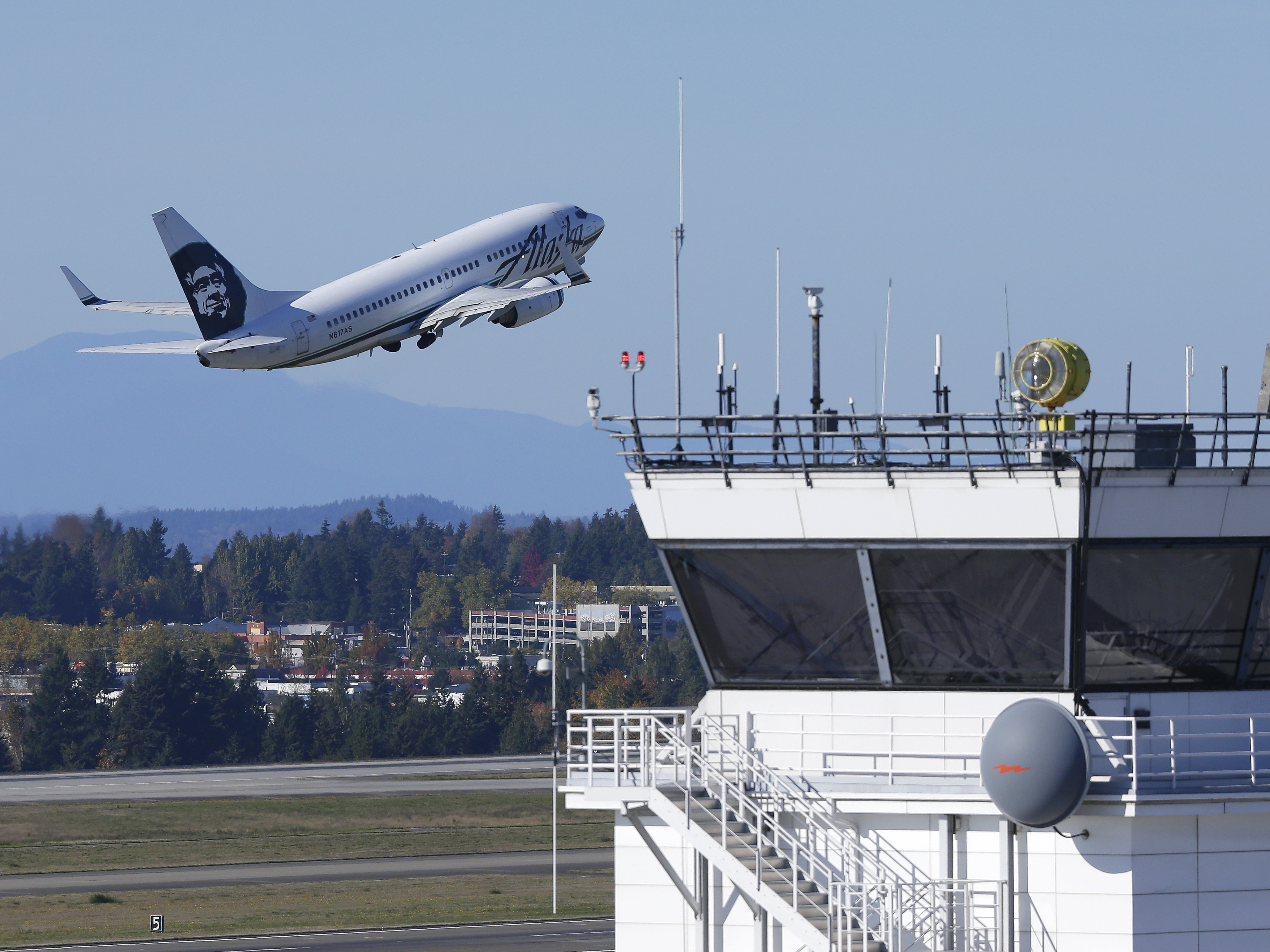 An air traffic control tower at Seattle-Tacoma International Airport.