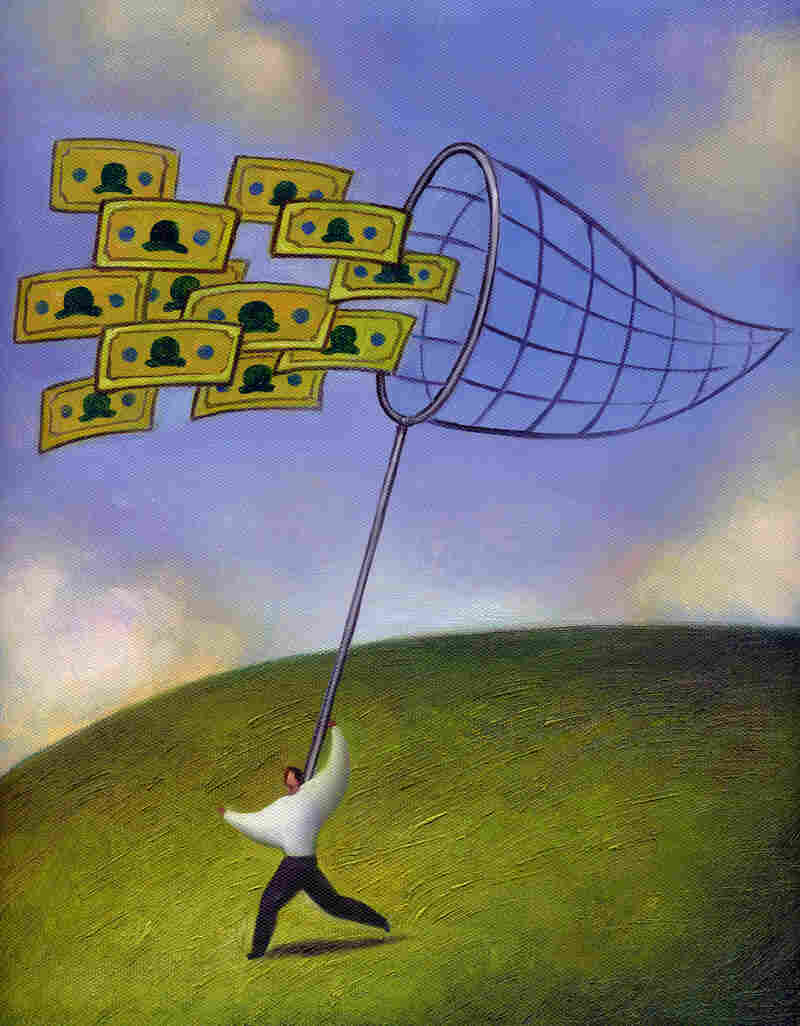 Man catching bank notes with a net.
