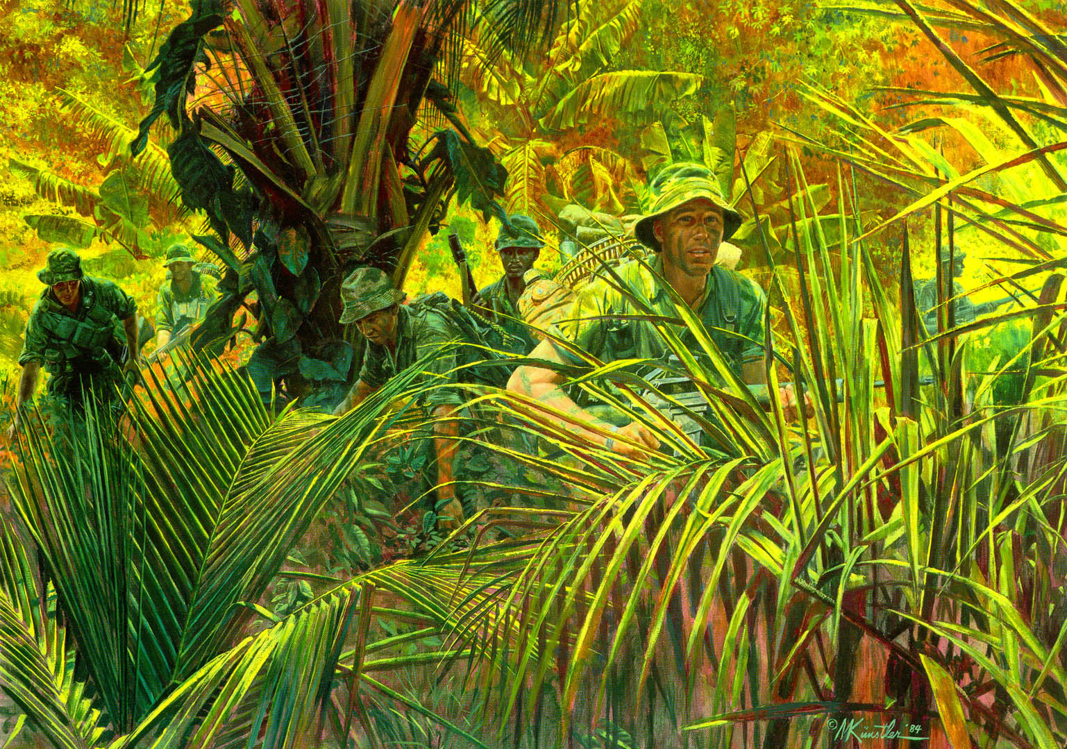 The National Guard Bureau commissioned this painting, &quot;Indiana Rangers: The Army Guard in Vietnam,&quot; as part of its series of paintings depicting significant moments in Guard history. It represents members of the Company D, 151st Infantry division — one of a few Guard units deployed to Vietnam — on duty in the jungle (National Guard Bureau)