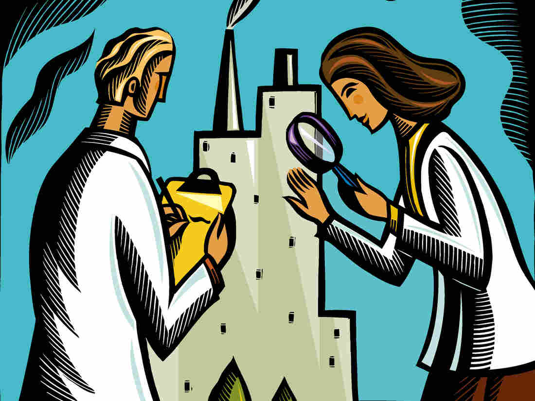 Doctors scrutinize a hospital building with magnifying glasses.
