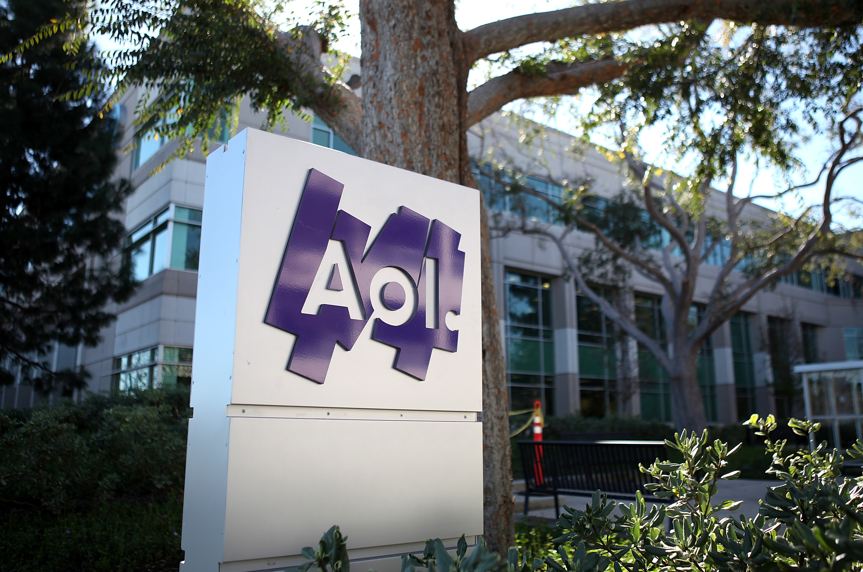 The AOL logo is posted on a sign in front of the AOL Inc. offices in Palo Alto, California.