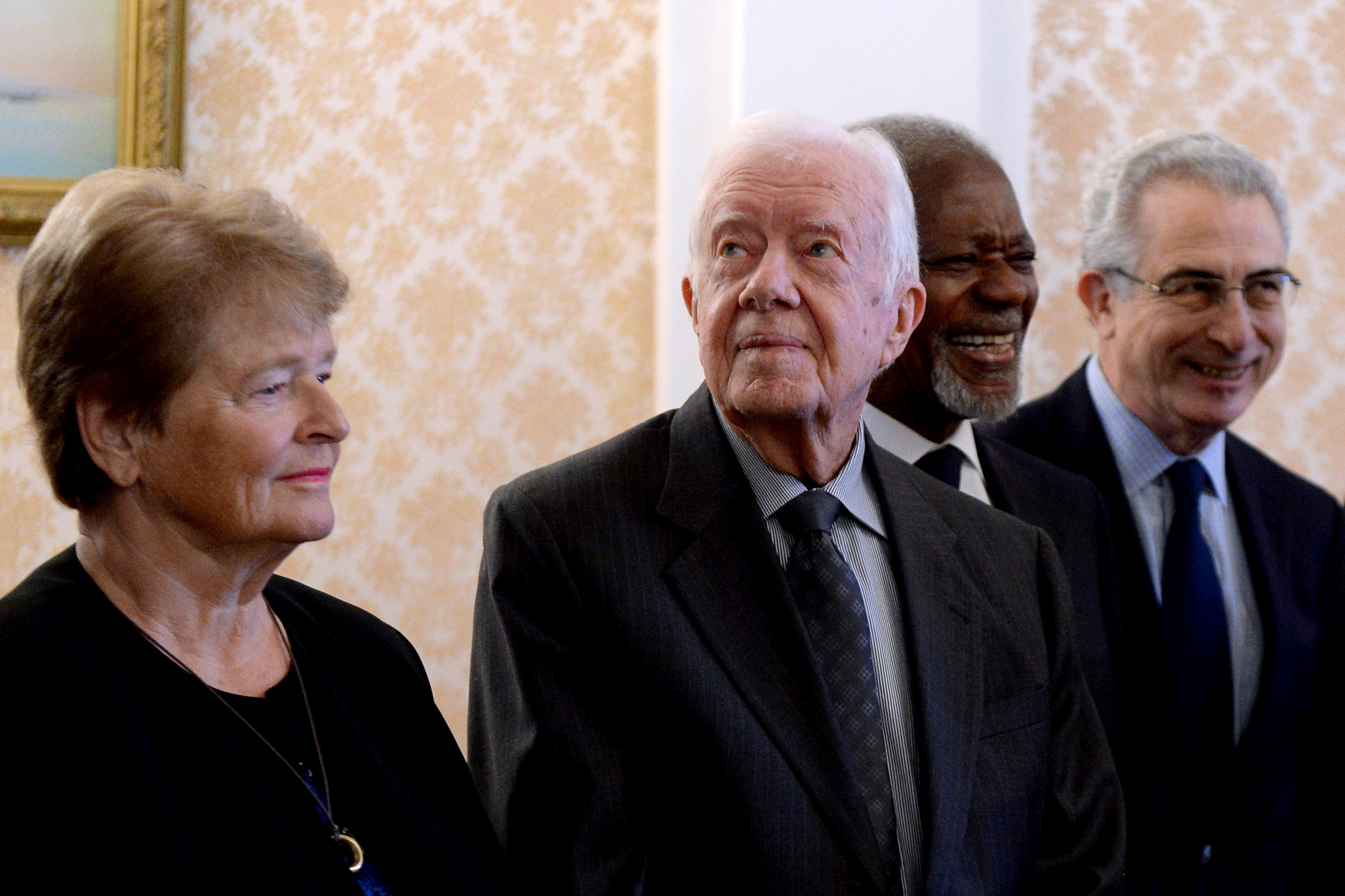 Former U.S. President Jimmy Carter and other members of the Elders group attend a meeting with Russian Foreign Minister Sergey Lavrov in Moscow in April 2015. The Elders group comprises global leaders who advocate for peace, justice and human rights — goals that Carter spent a lifetime pursuing after leaving the presidency.