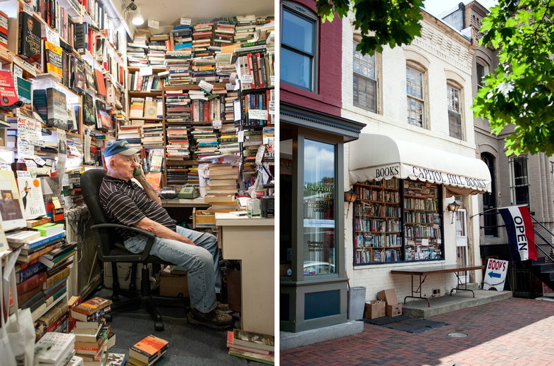 Capitol Hill Books owner Jim Toole runs the front register of his used bookstore several days a week. He has banned several words from his store, including "awesome," "perfect" and "Amazon." (Ariel Zambelich/NPR)