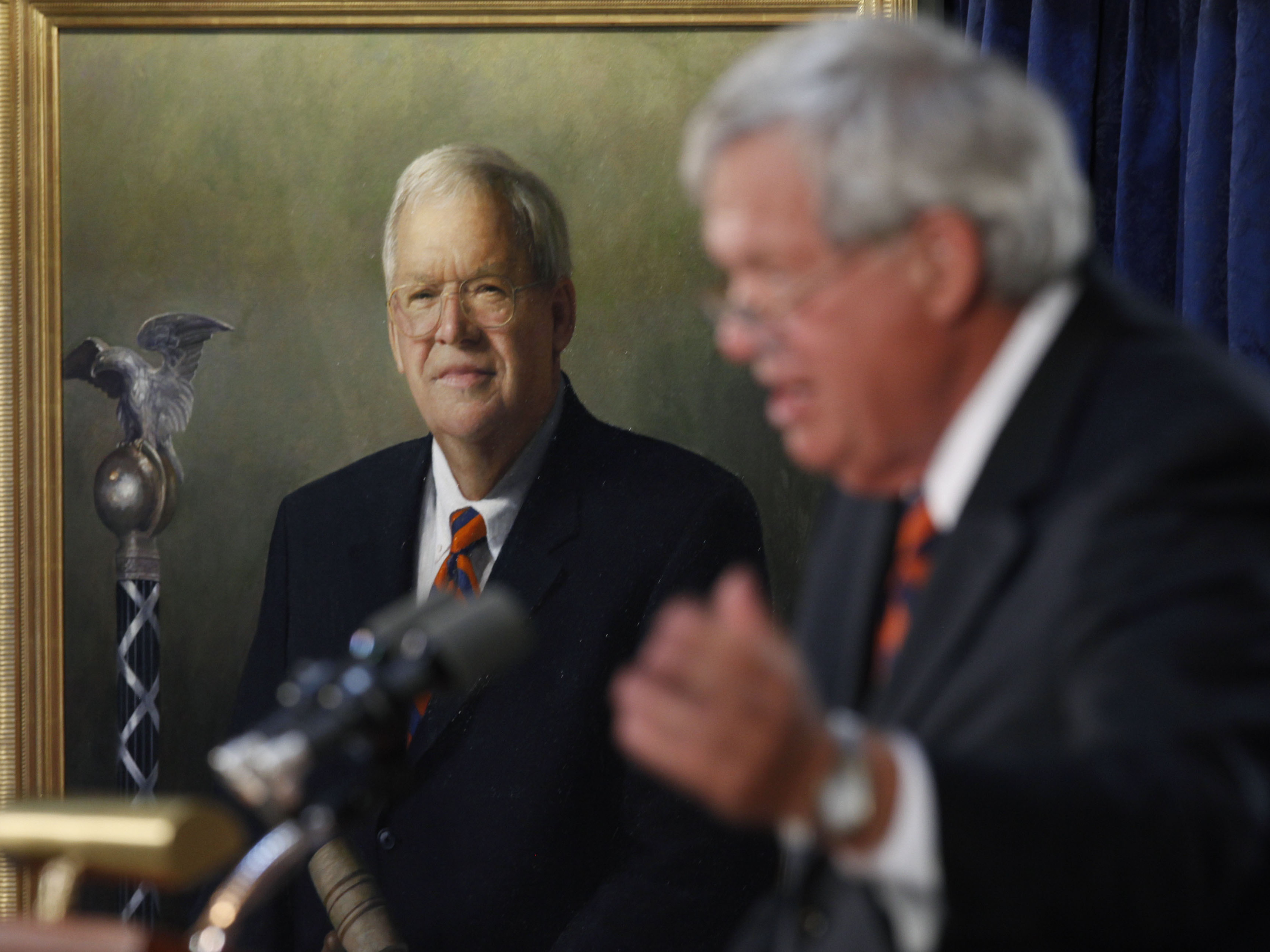 Former House Speaker Dennis Hastert speaks in Washington on July 28, 2009, following the unveiling of his portrait.