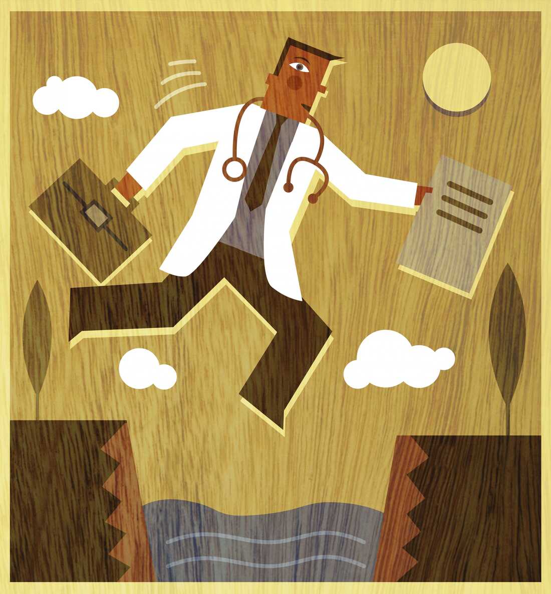 A doctor holding a briefcase and files jumping across a canyon.