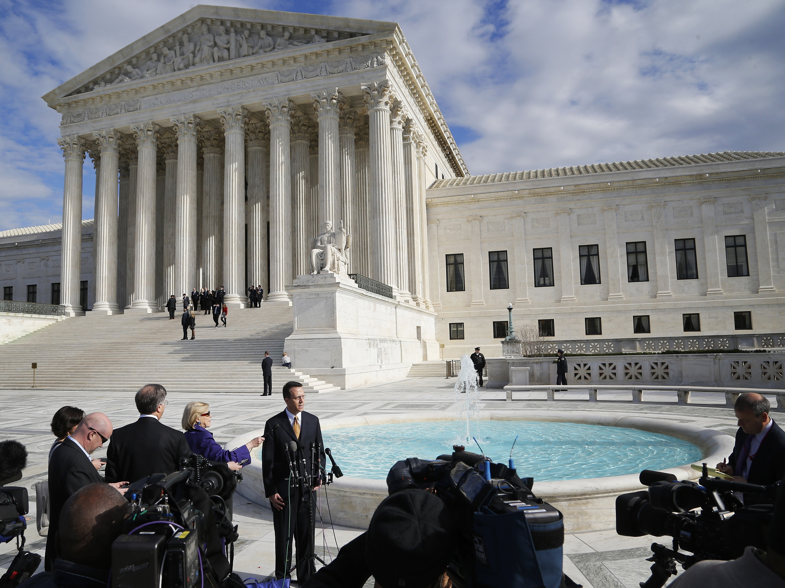 The case of Anthony Elonis, who was convicted in 2010 of making violent threats on Facebook, was argued at the Supreme Court in December. Here, an advocate for victims' rights speaks with reporters about the case.